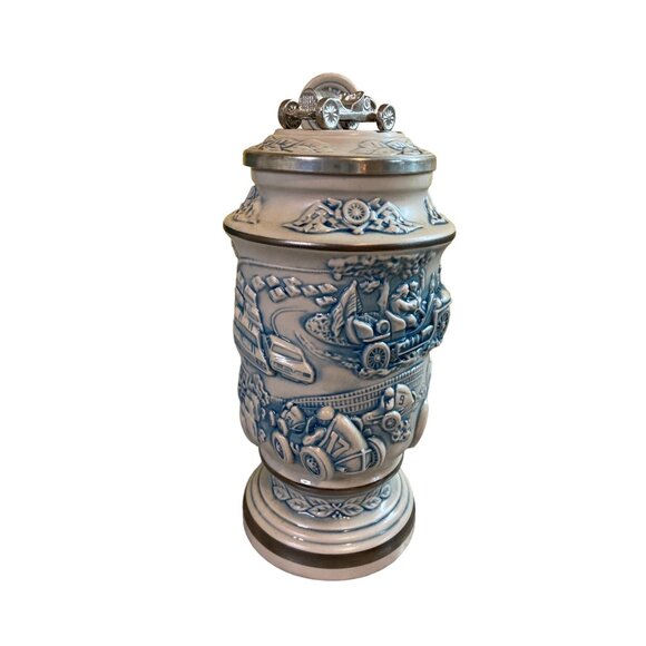 1989 Avon Racing Car Stein Ceramic Pewter Lid Collector Mug w/ Box Vintage  7 in - Picture 3 of 8